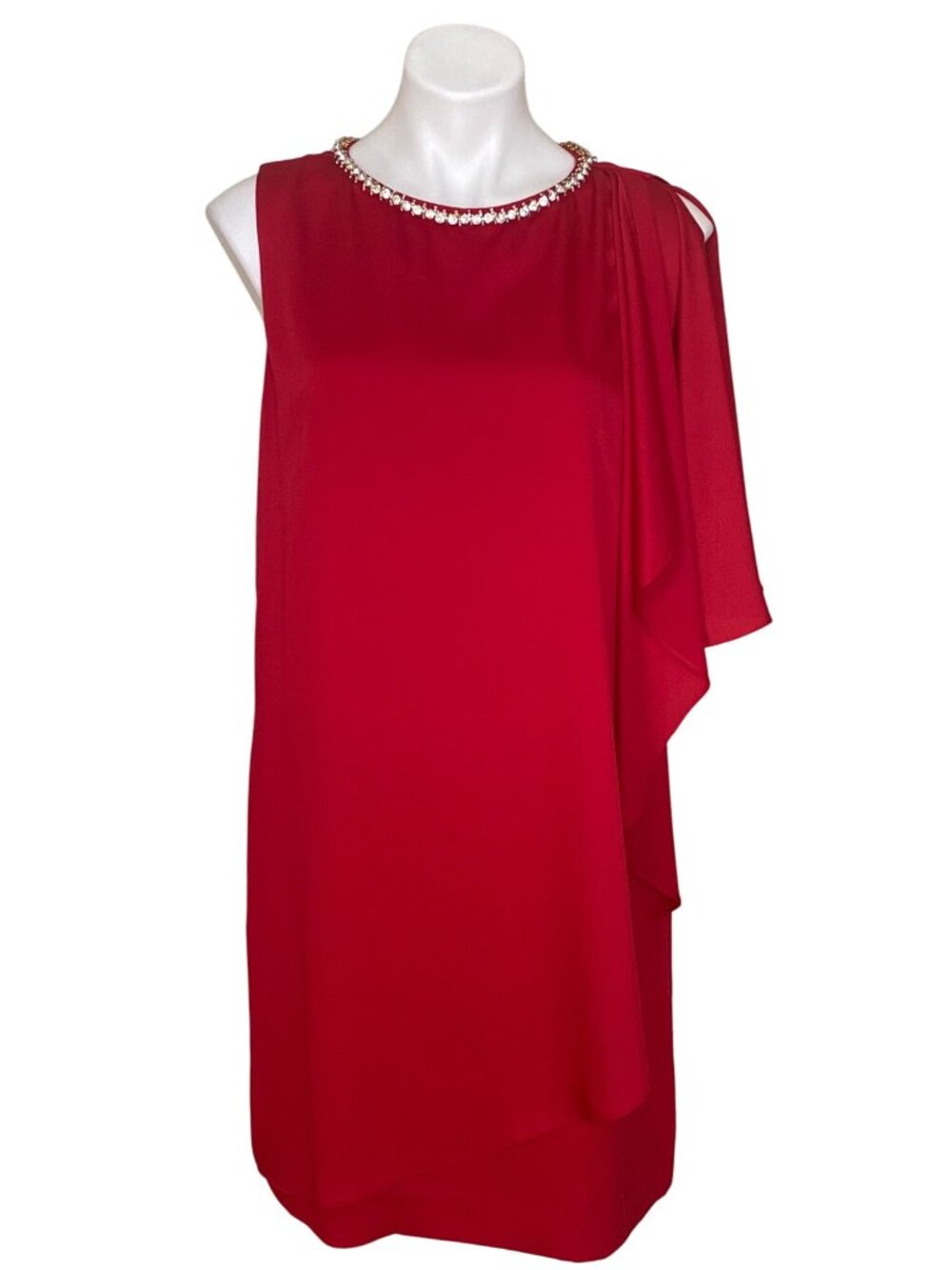 Tahari ASL Women's Red Asymmetrical Sleeve Cocktail Dress, Rhinestones Size 10